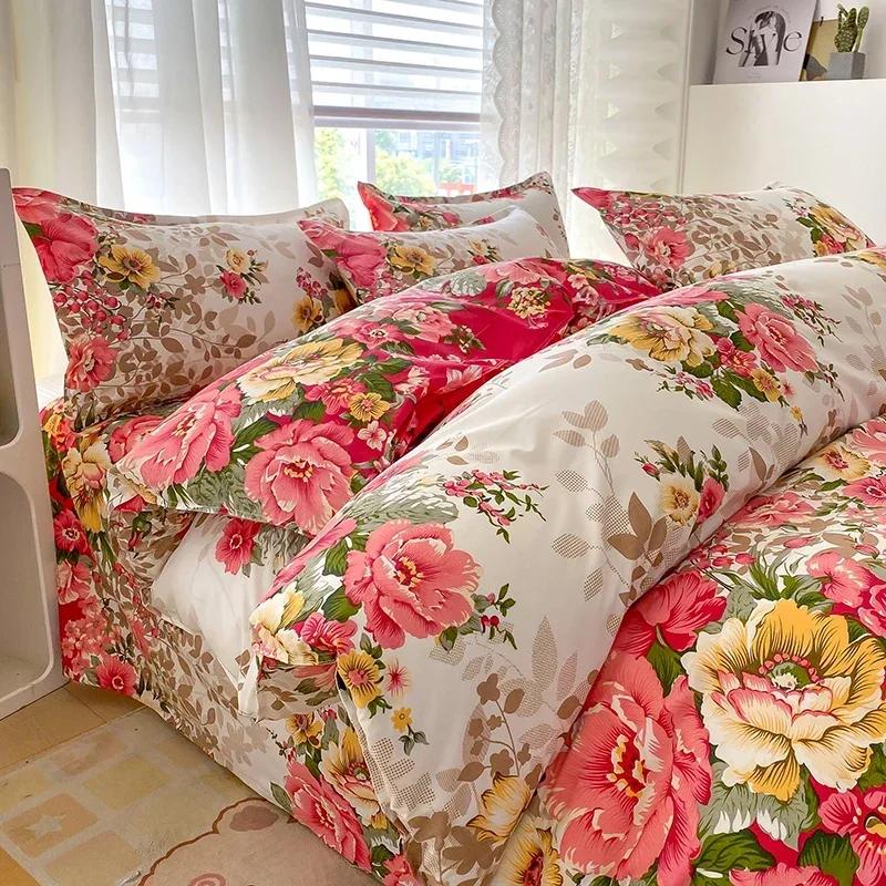 Romantic Peony Floral Duvet Cover Set Reversible Shabby Flower Comforter Cover with 2 Pillowcase Vintage Farmhouse Bedding Set