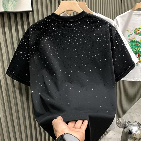 Sommer T-skjorte for menn Rhinestone Dekor Rundhals Løs Pure Farge Kortermet Pullover Uformell Midt Lengde Daglig slitasje Sport Topp