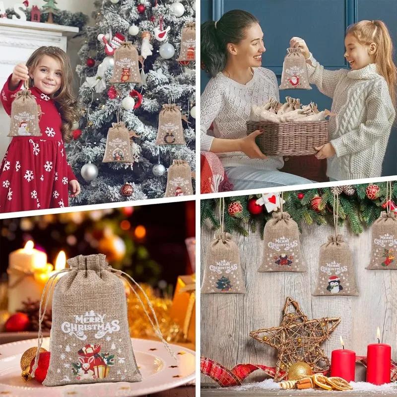 1-30pcs Christmas Gifts Drawstring Bags Linen Bundle Pocket Bracelet Jewelry Burlap Storage Bags Xmas Candy Gift Packaging Bags
