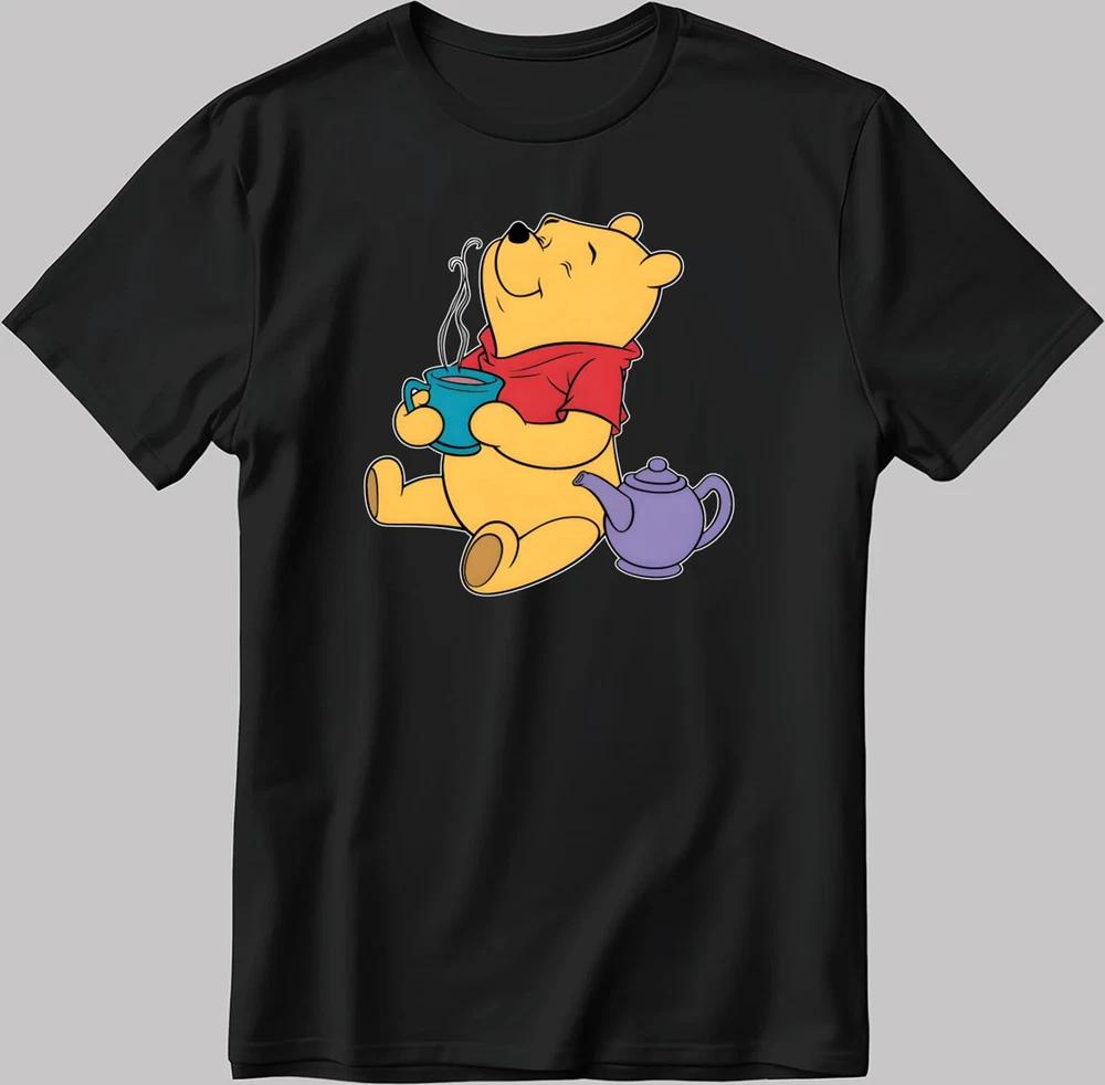 Winnie The Pooh Drinking Tea Black TShirt S