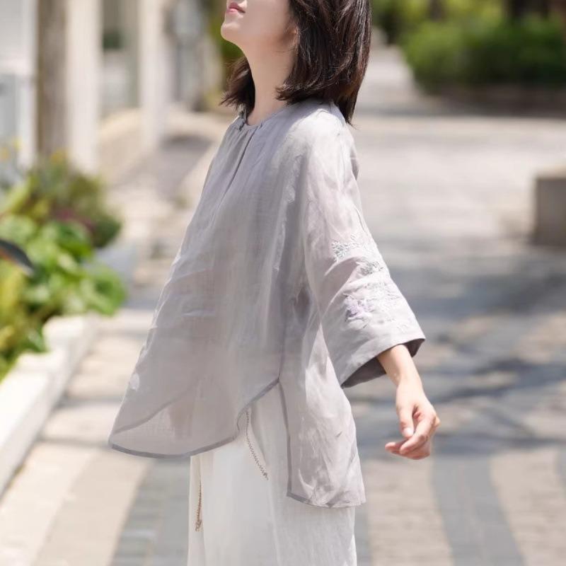 National Style Summer New Cotton and Linen Light and Breathable Shirt Top Sun Protection Embroidered Chinese Style Literary