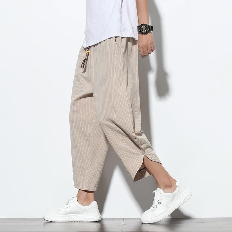 Summer Casual Men's Pants Harajuku Striped Baggy Pants Cotton Linen Wide Leg Harem Trousers for Men