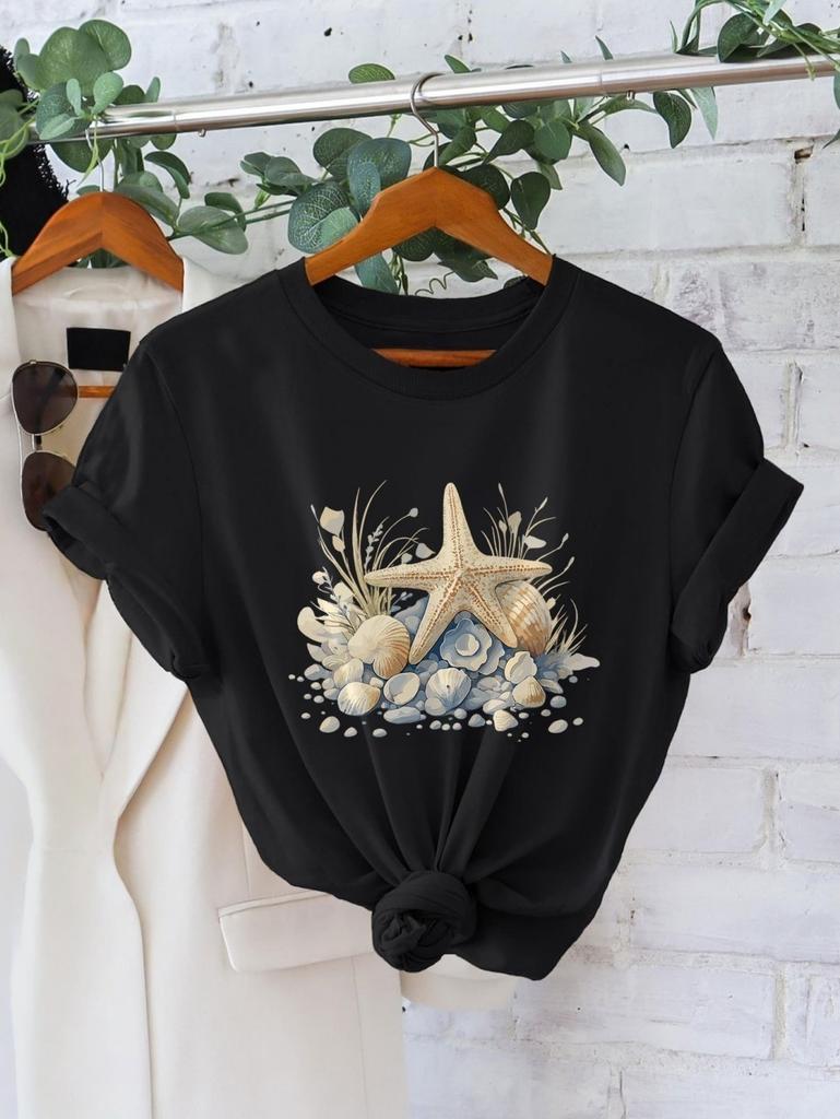 Summer Playful Women's Casual Short Sleeve T-Shirt Shell Print Ocean Style Trendy Tops Hawaii Vacation Outdoor Fit Woman Clothes
