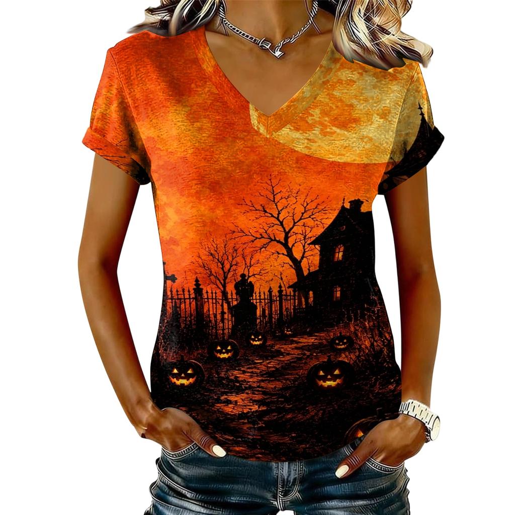 Women's V-Neck Short Sleeve Casual Pullover T-Shirt with Halloween Print