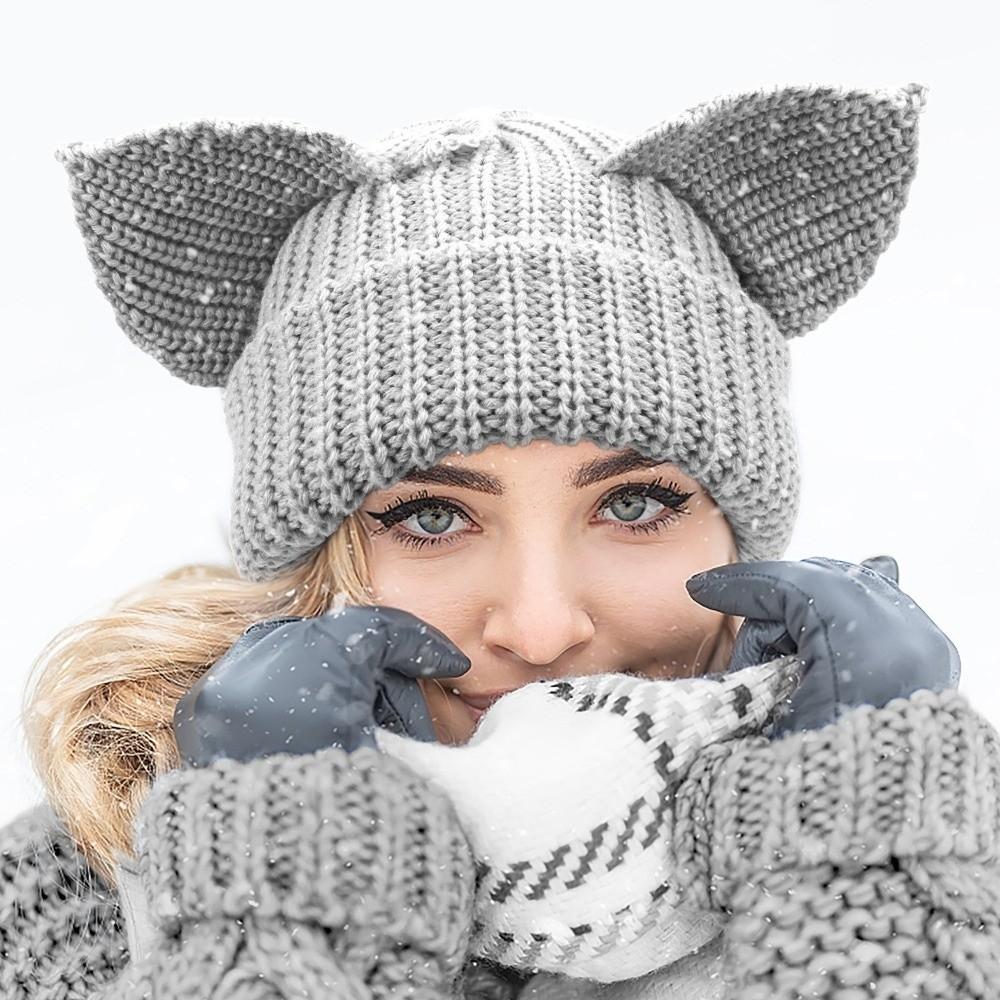 Yarn Knitted Beanie Hat Y2K Harajuku Knitted Skull Cap Gifts Cat Ear Beanie Casual Streetwear