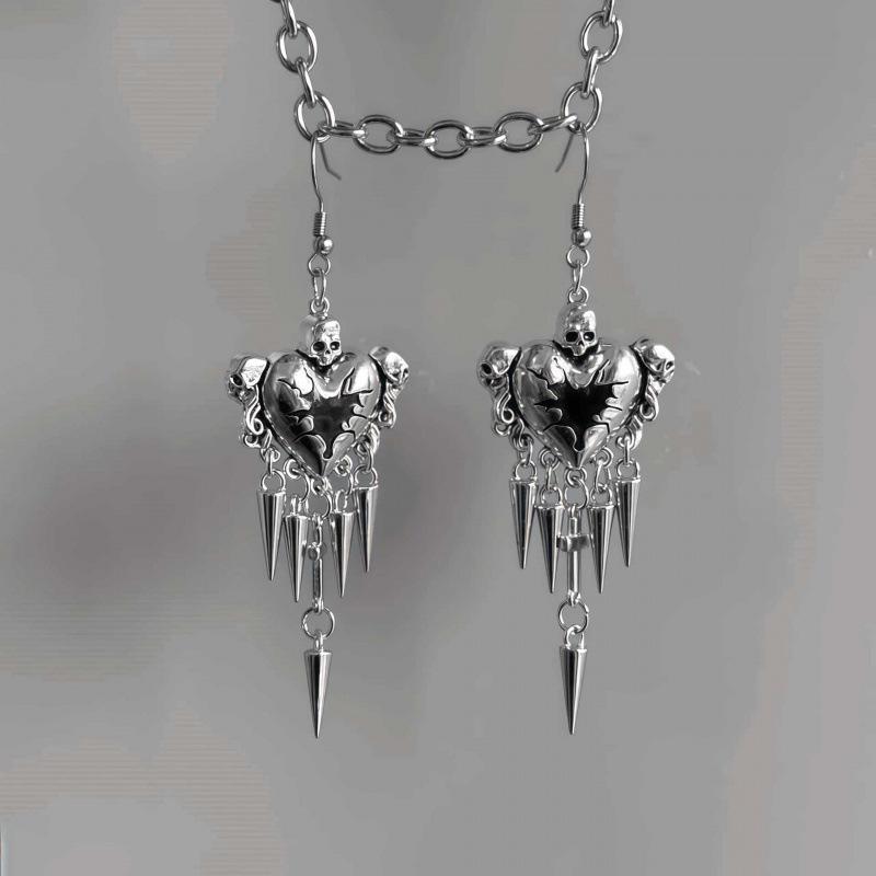 Abi Feng Gothic Punk Red Heart Skull Earrings with Rivets and Thorns