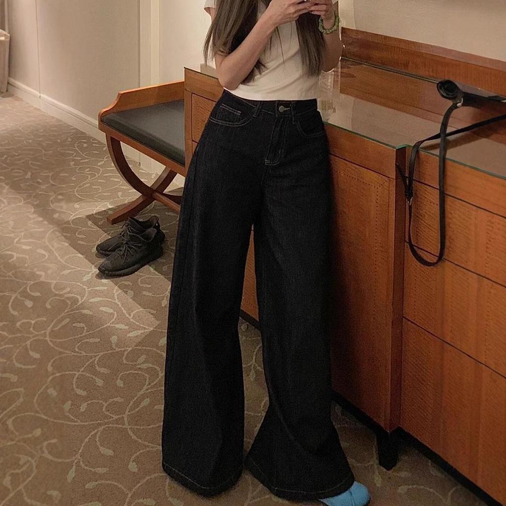 Damskie Prane Retro Dżinsy z Wysokim Stanem i Szerokimi Nogawkami – Amerykański Styl High Street, Luźny Krój, Spodnie Długie do Podłogi