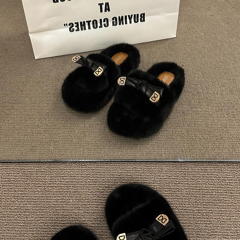 Internet celebrity black European wool slippers women wear 2025 autumn and winter new high-end thick-soled cotton slippers