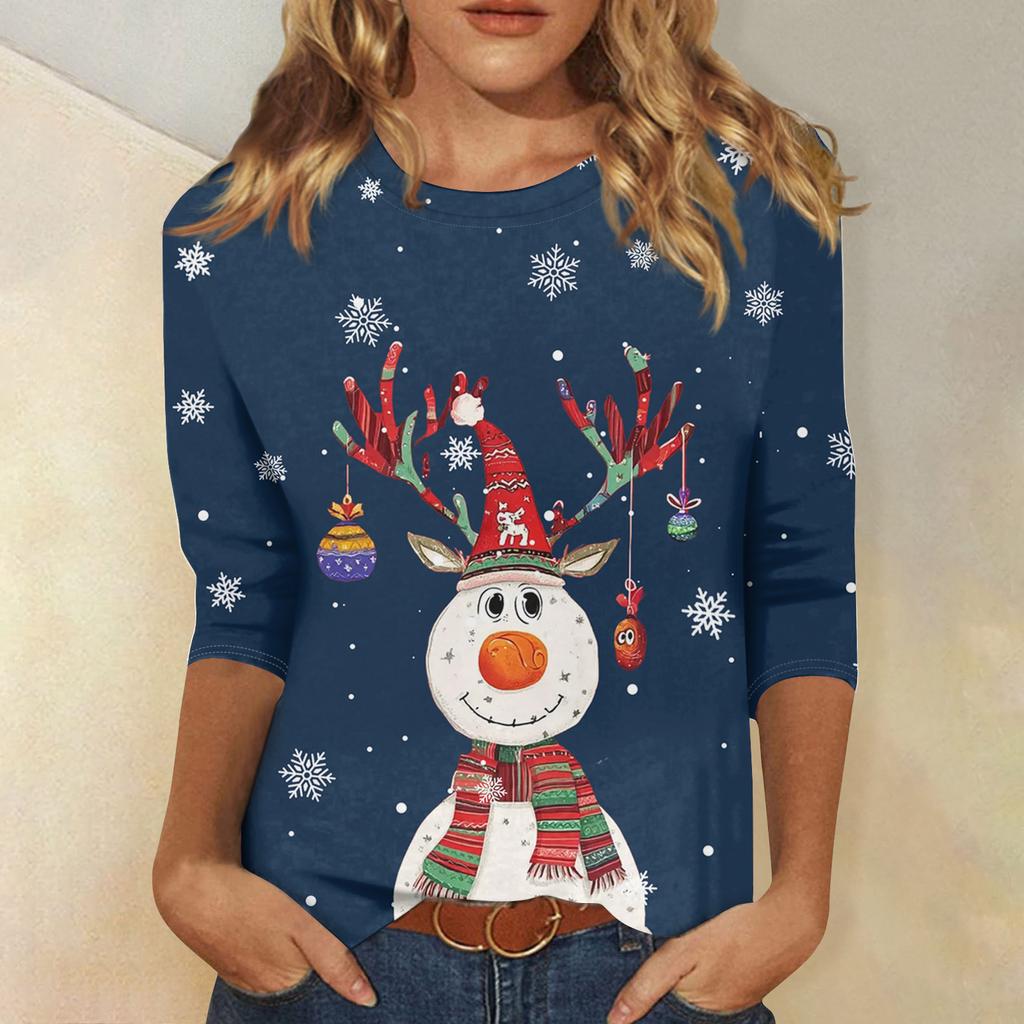 3/4 Sleeve Shirts For Women Print Christmas Tees Blouses Casual Plus Size Basic Tops Pullover