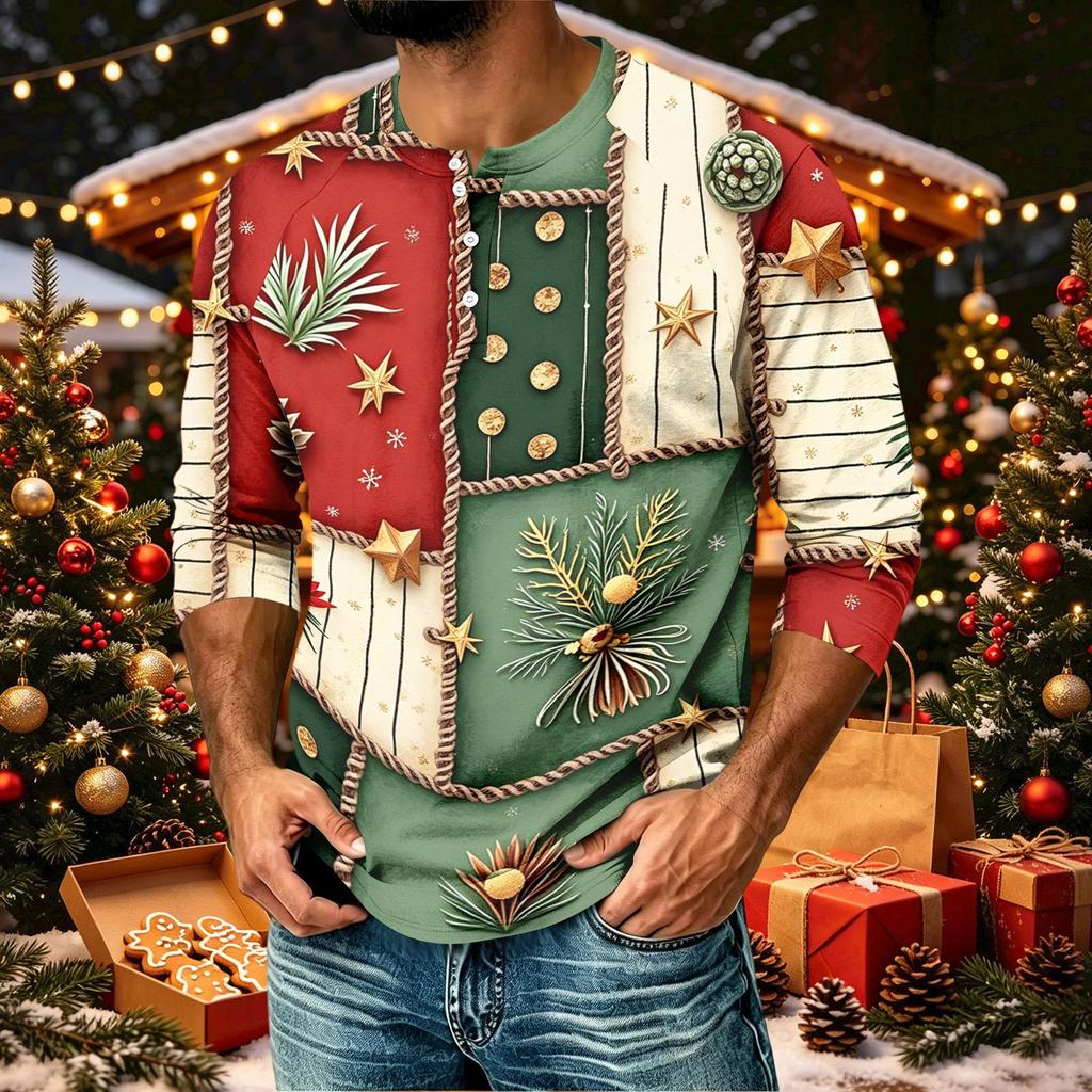 Men's Casual Raglan Three-Quarter Sleeve Shirt with Christmas Print