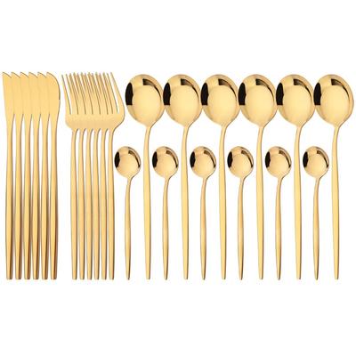 24Pcs Gold Dinnerware Set Table Knife Fork Coffee Spoon Cutlery Western Stainless Steel Tableware Flatware Kiechen Silverware