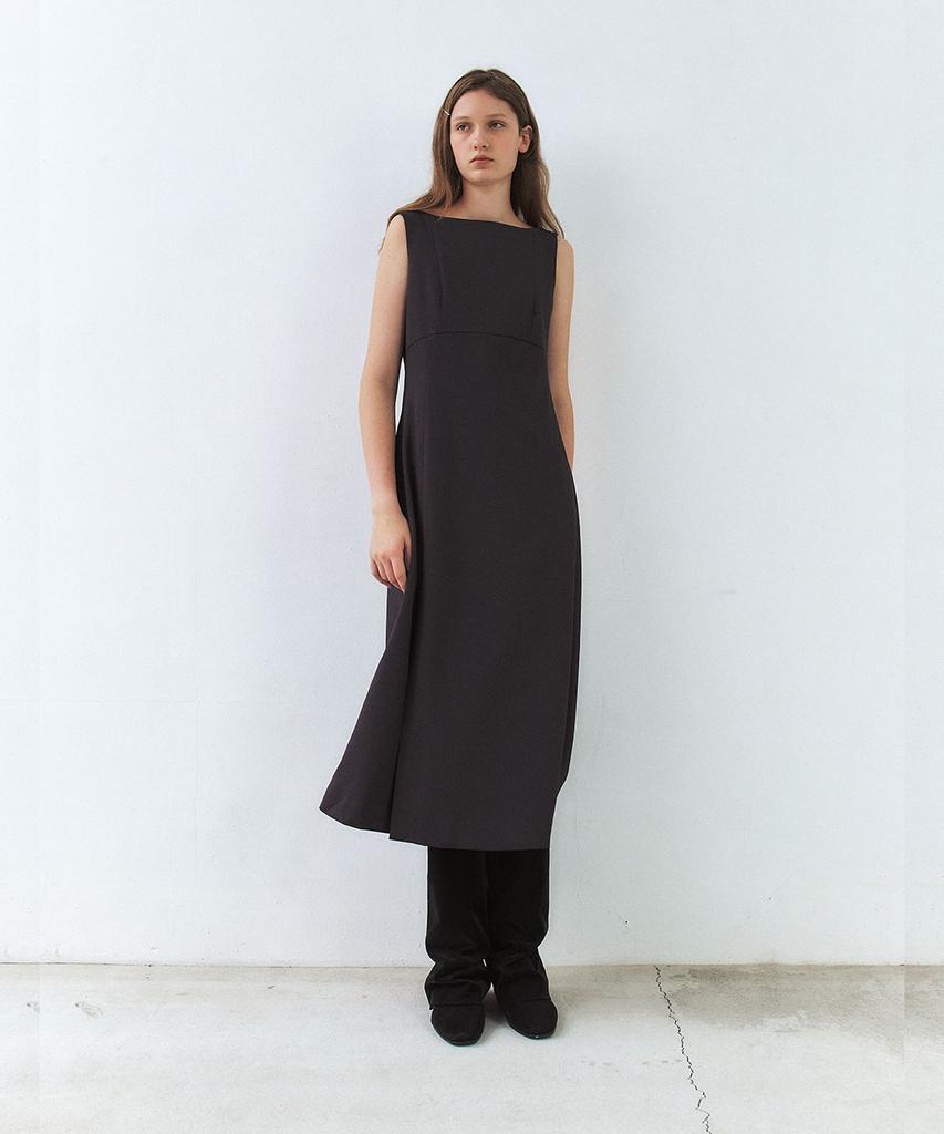 ETDEMAIN Sleeveless Boat Neck Slit Long Dress - Deep Charcoal