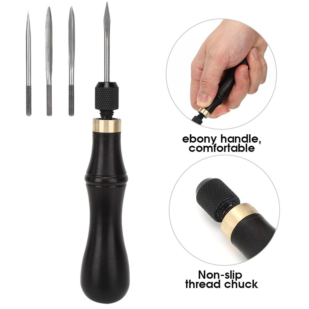 4 in 1 Stitching Awl Kit Ebony Handle DIY Leather Fabric Hand Craft Sewing Tool