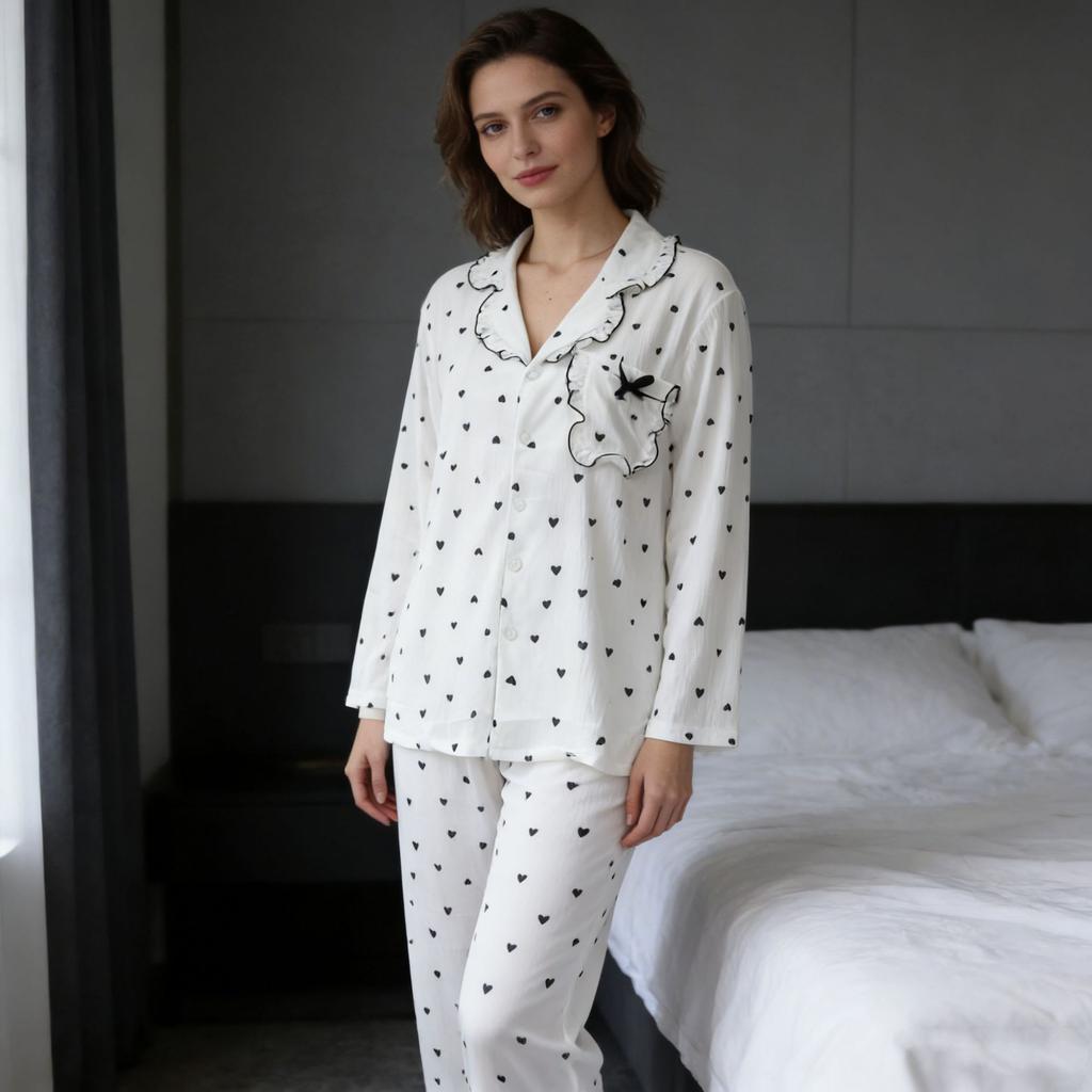 Spring and Autumn Love Heart Printed Sweet Sleepwear Women's Frill Set Loose and Can Be Worn Outdoors Homewear