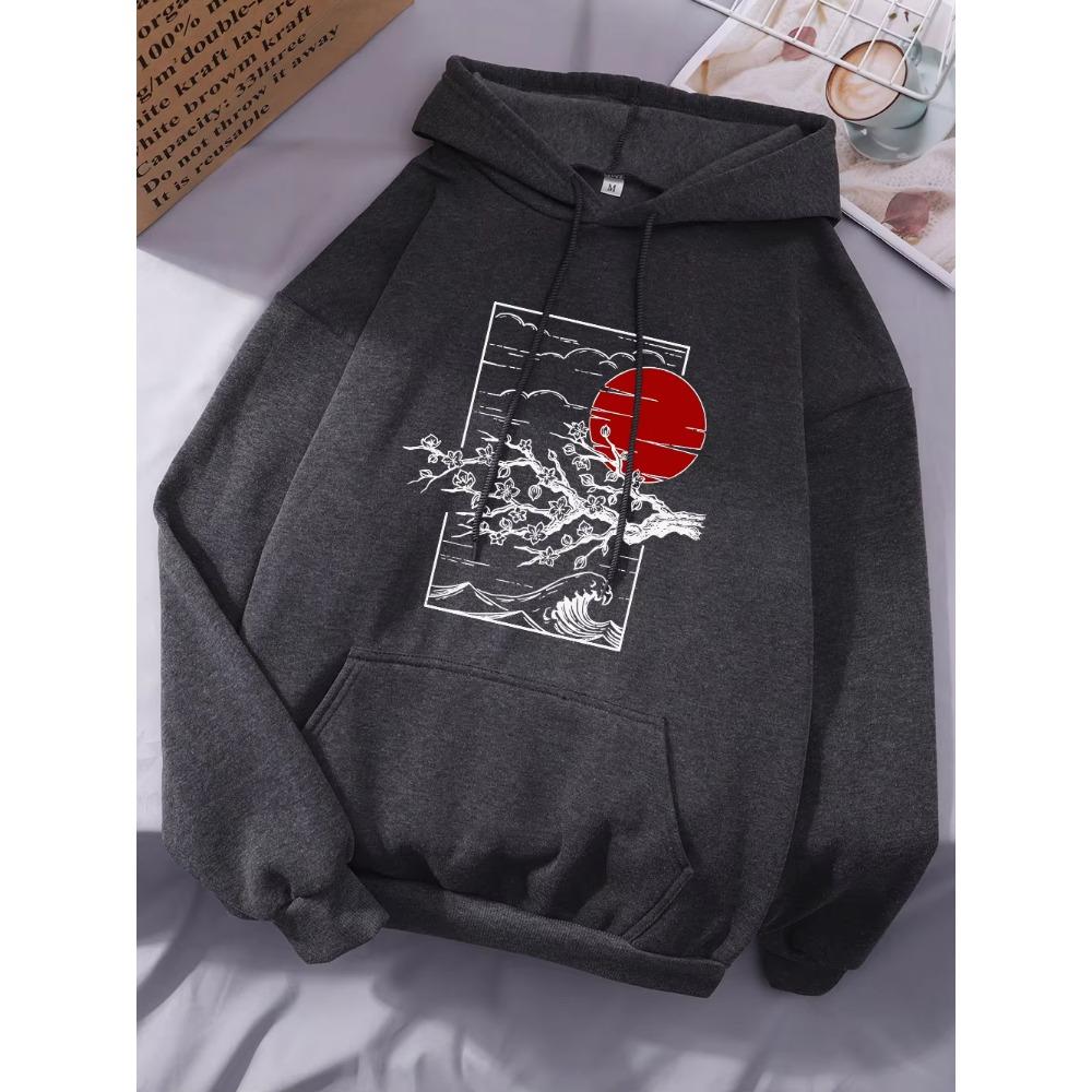 Japanese Cherry Blossoms Printing Hoodies Womens Winter Fleece Warm Sweatshirts Casual Pocket Tops Street Womans