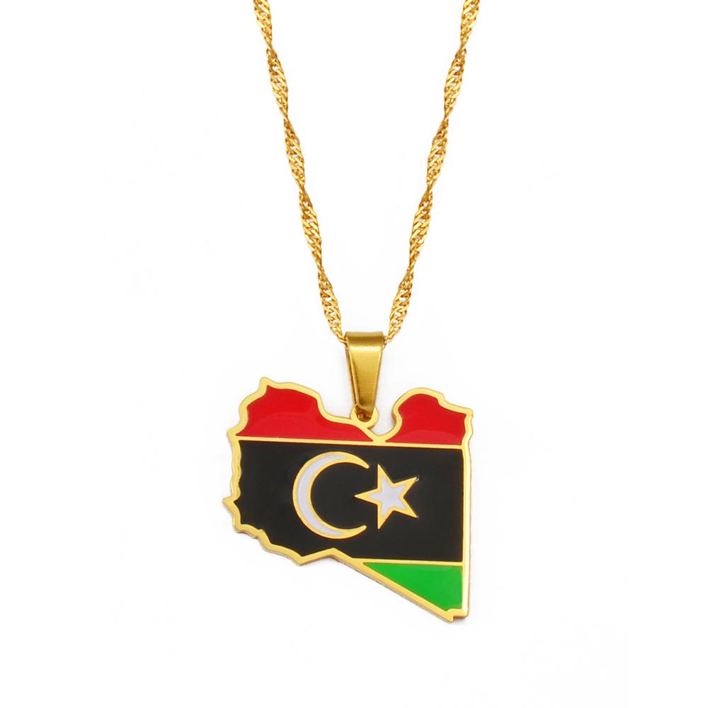 Anniyo Libya Map Flag Pendant Necklace for Women Men Gold Color Jewelry Libya Country Map #244121 45cm or 17.7 Inches