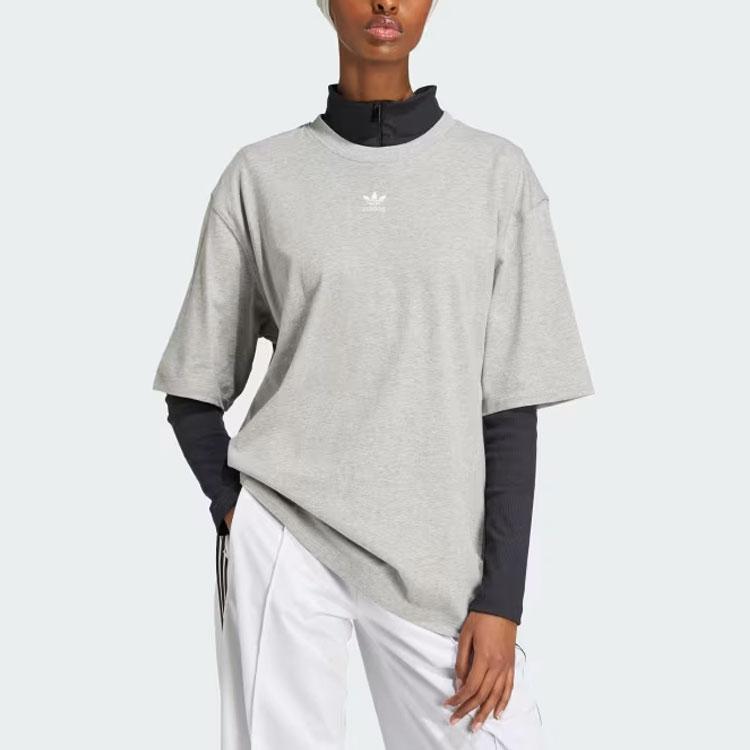 Adidas Originals Essential Logo Embroidered Ribbed Crew Neck Comfort Short Sleeve Drop Shoulder T-Shirt Women Tops Medium-Grey IY7324