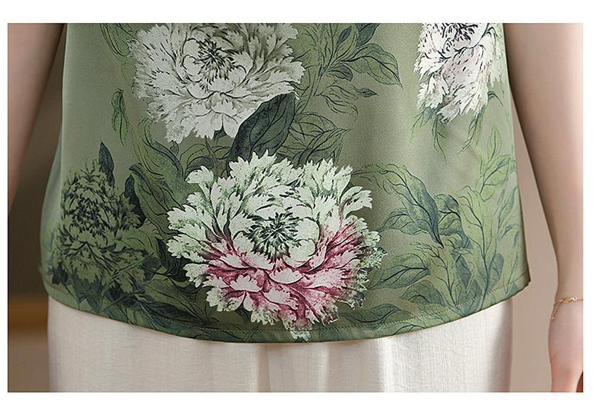 Mom's 2026 Chinese Style Chiffon Suit: Short-Sleeve Printed Top for Middle-Aged and Elderly Women