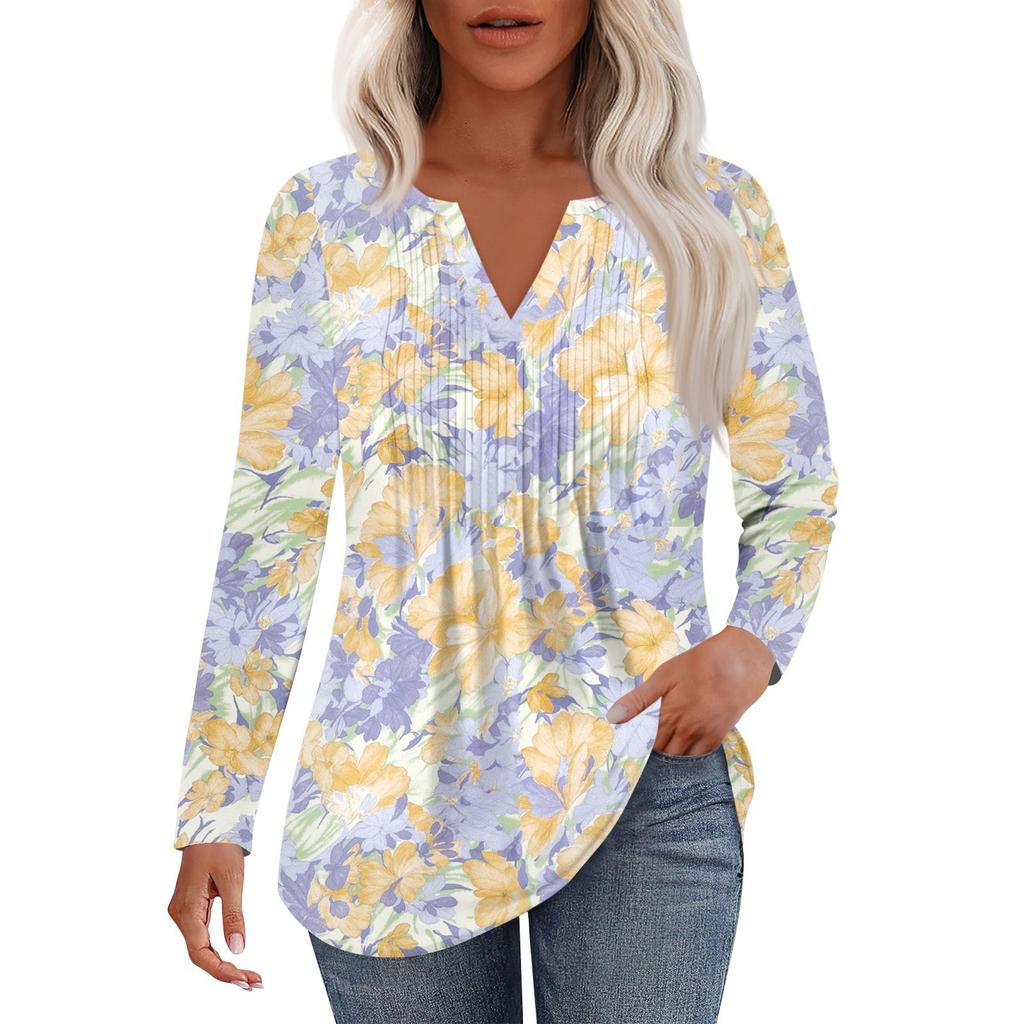Damenmode Lässig Plissiert V-Ausschnitt Einfarbig Langarm T-Shirt Elegante Oberteile