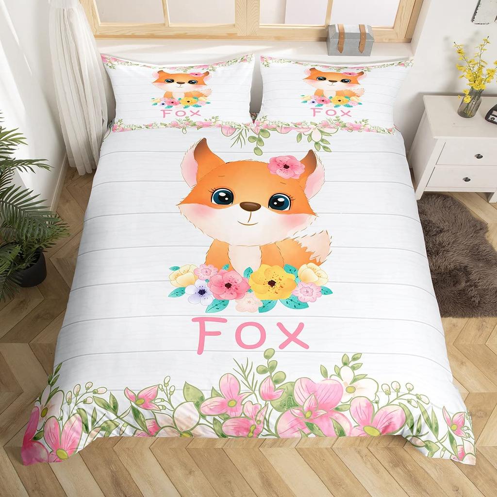 Kids Pink Rose Rabbit King Queen Duvet Cover Cartoon Animal Comforter Cover Rose Moon Floral Bedding Set Polyester Quilt Cover