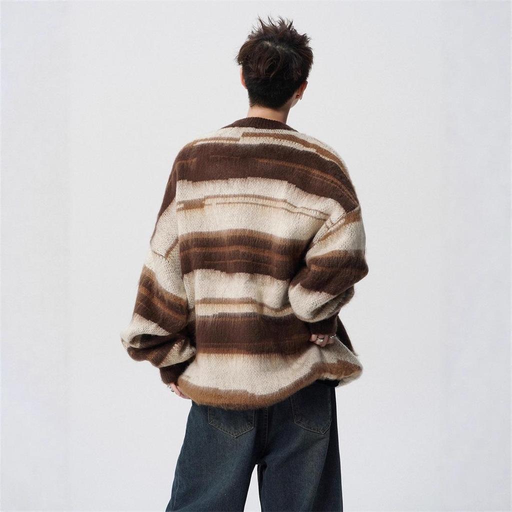 Unisex Mohair Round Neck Color Block Stripe Sweater - Autumn/Winter Casual Loose Fit