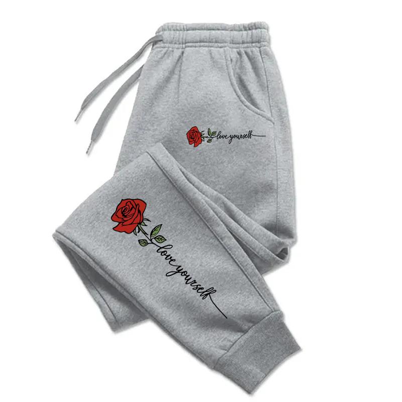 Rose Love Yourself Printing Casual Versatile Women Pants Trendy Hip Hop Trousers With Drawstring Pockets Comfy Sweatpants Female