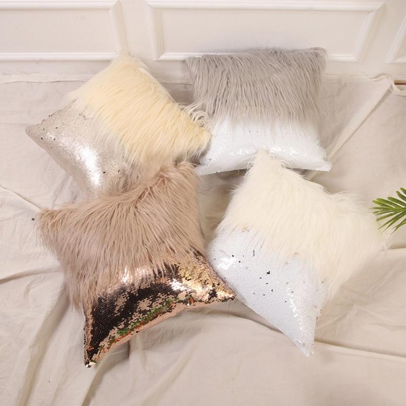 Fashion Long Furs Sequins Patchworks Decorative Cushions Cover Bling Embroidered Square Pillow Cover Cushions Case
