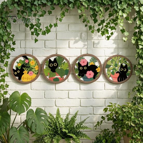Regalos para Amantes de los Gatos 4 Piezas Arte de Pared Boho Negro, Cartel de Madera Colgante Floral de Granja, Arte Inspirado en la Naturaleza Botánica Decoración de Gatito, Cartel de Madera de Hojas