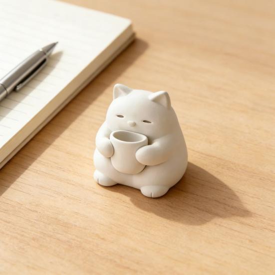 Mini Cute Cat Figurine 3D Printed Drinking Tea Cat Statue Small Desktop Ornament for Living Room Bedroom Office Shelf Decor