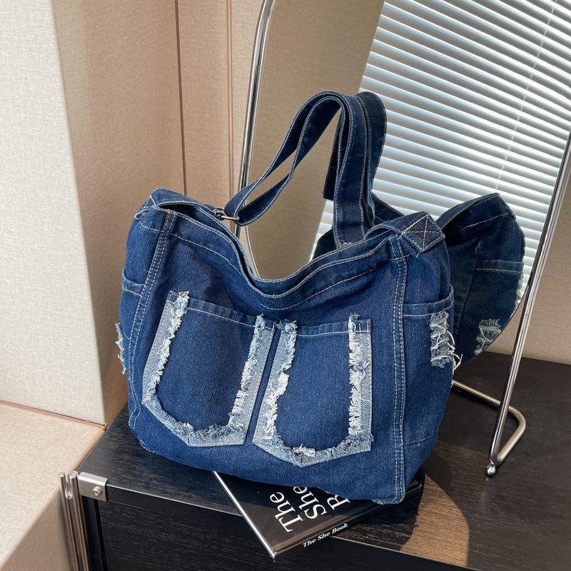 Neue personalisierte Denim-Umhängetasche mit rohem Rand und Tasche, vielseitige Studententasche, lässiger Rucksack mit großem Fassungsvermögen
