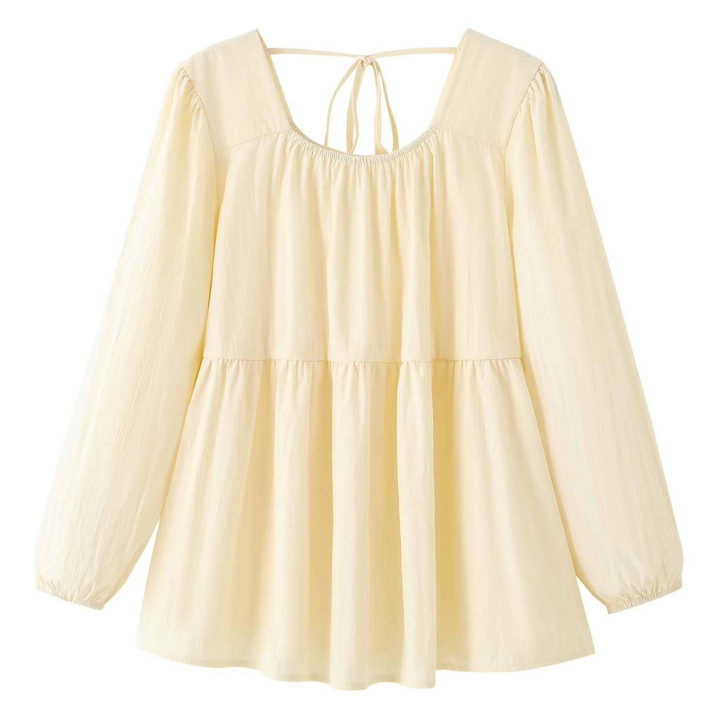 

Spring Square Neck Sweet French Short Sleeve Slimming Top for Women M абрикосовий