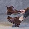 Johnature Botas de couro genuíno estilo britânico com cadarço e sola macia, botas curtas, sapatos femininos de cor sólida