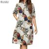 ZANZEA Women Casual Stand Collar Half Sleeve Loose Print Cotton Dress