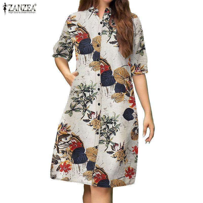 ZANZEA Women Casual Stand Collar Half Sleeve Loose Print Cotton Dress
