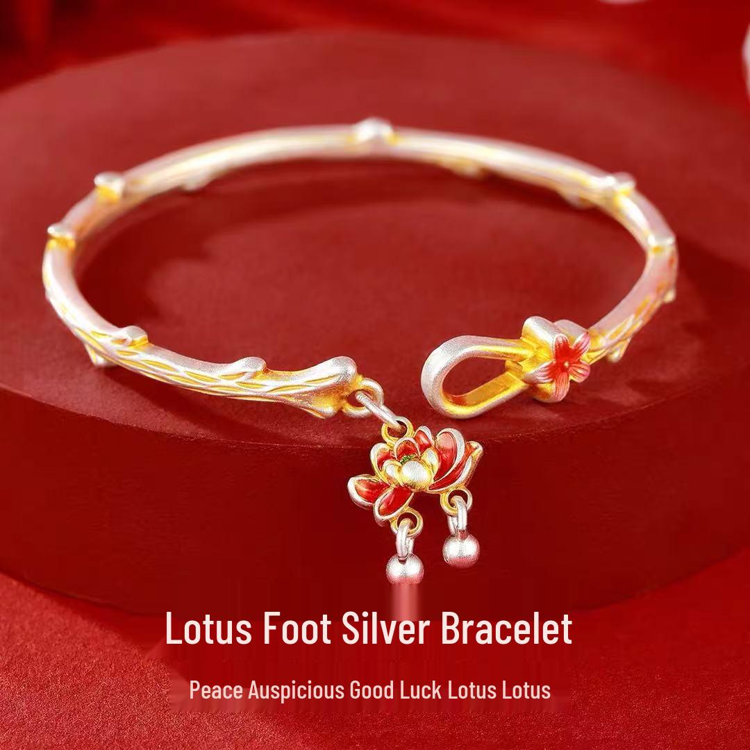 Серебряный позолоченный эмалированный браслет с веткой цветка лотоса, регулируемый, из смолы, для женщин – Элегантный подарок для девушки или лучшей подруги 999.9 Sterling Silver