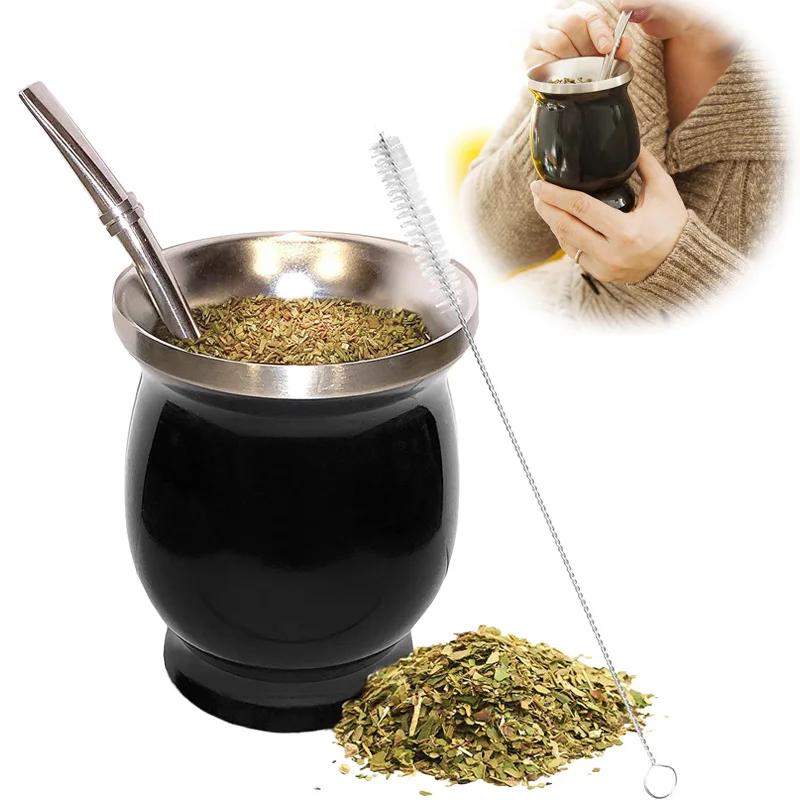 Yerba Mate Cup 304 Stainless Steel Double Wall 8oz Argentine Yerba Mate Gourd with Bombillas and Cleaning Brush