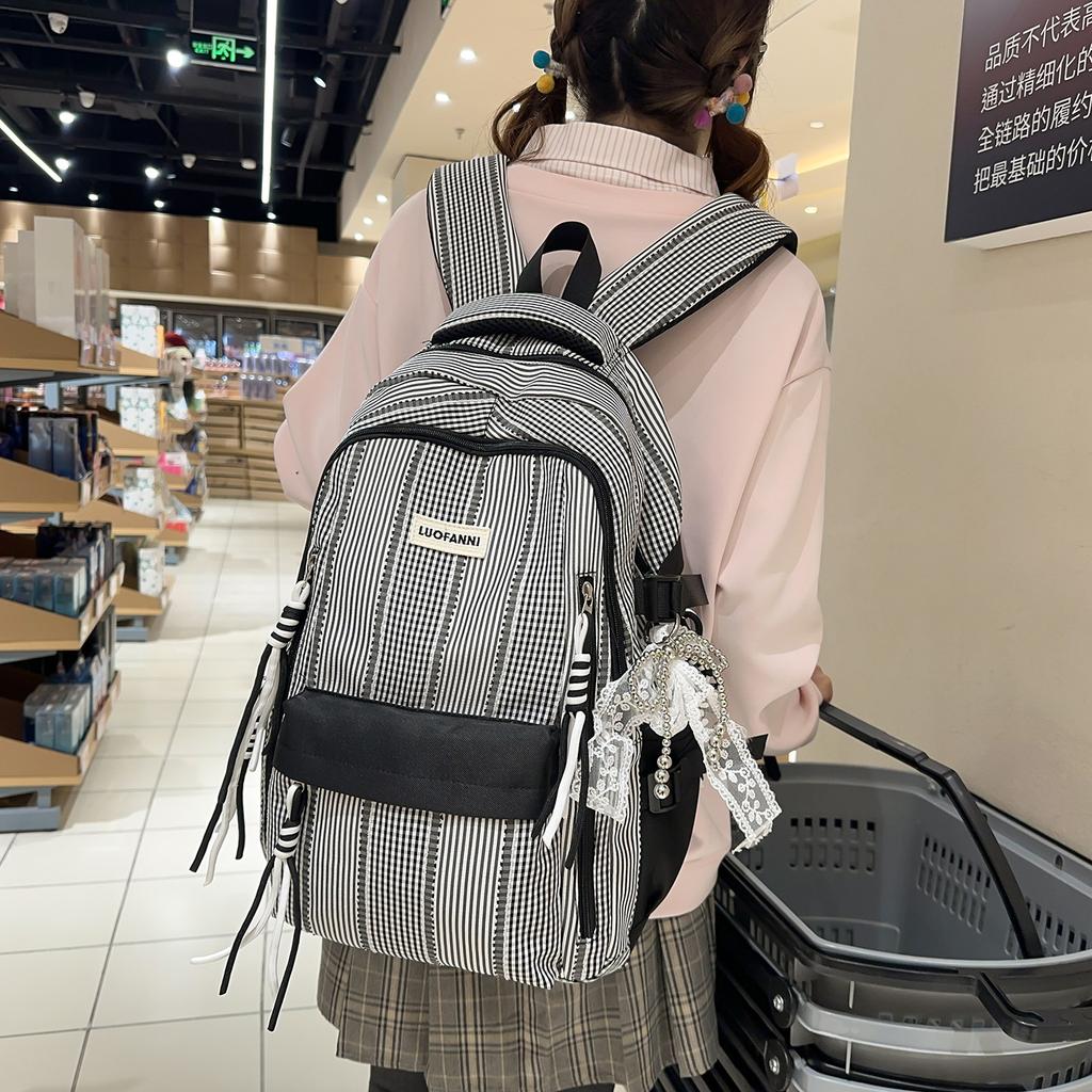Schoolbag1011 new corrugated plaid backpack niche design sense versatile student schoolbag large capacity casual backpack