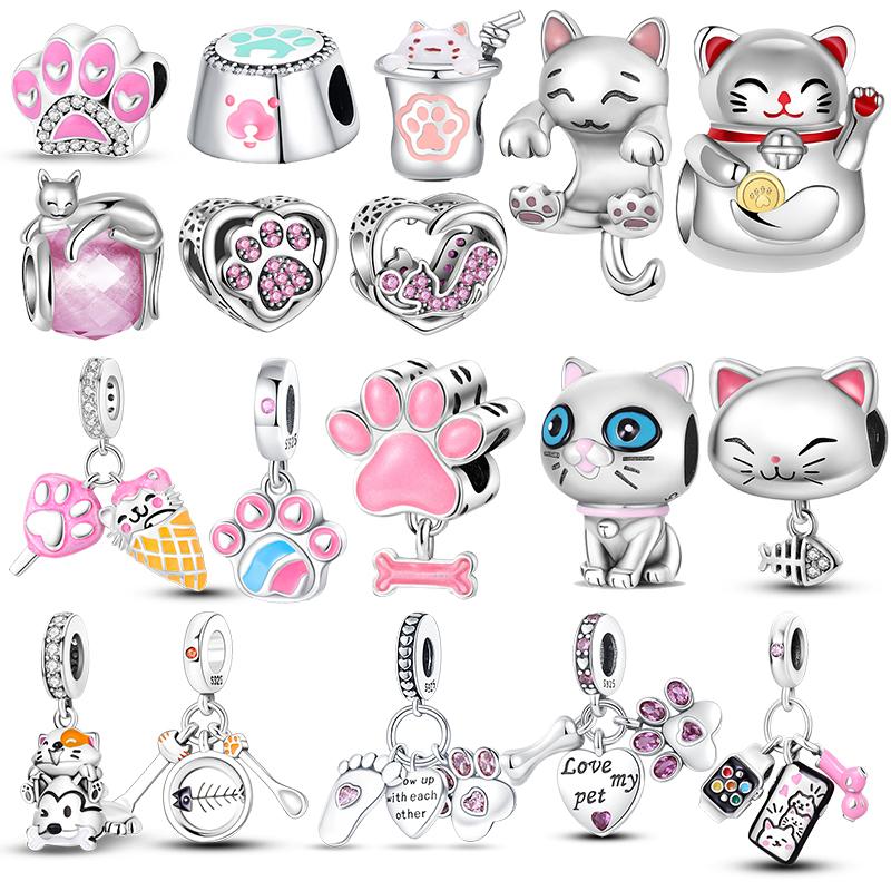 925 Sterling copper Cat and Dog Series Best Friend Pendant Fit 4MM hole diamete Bracelet Charms Bead Necklace DIY Female Zircon