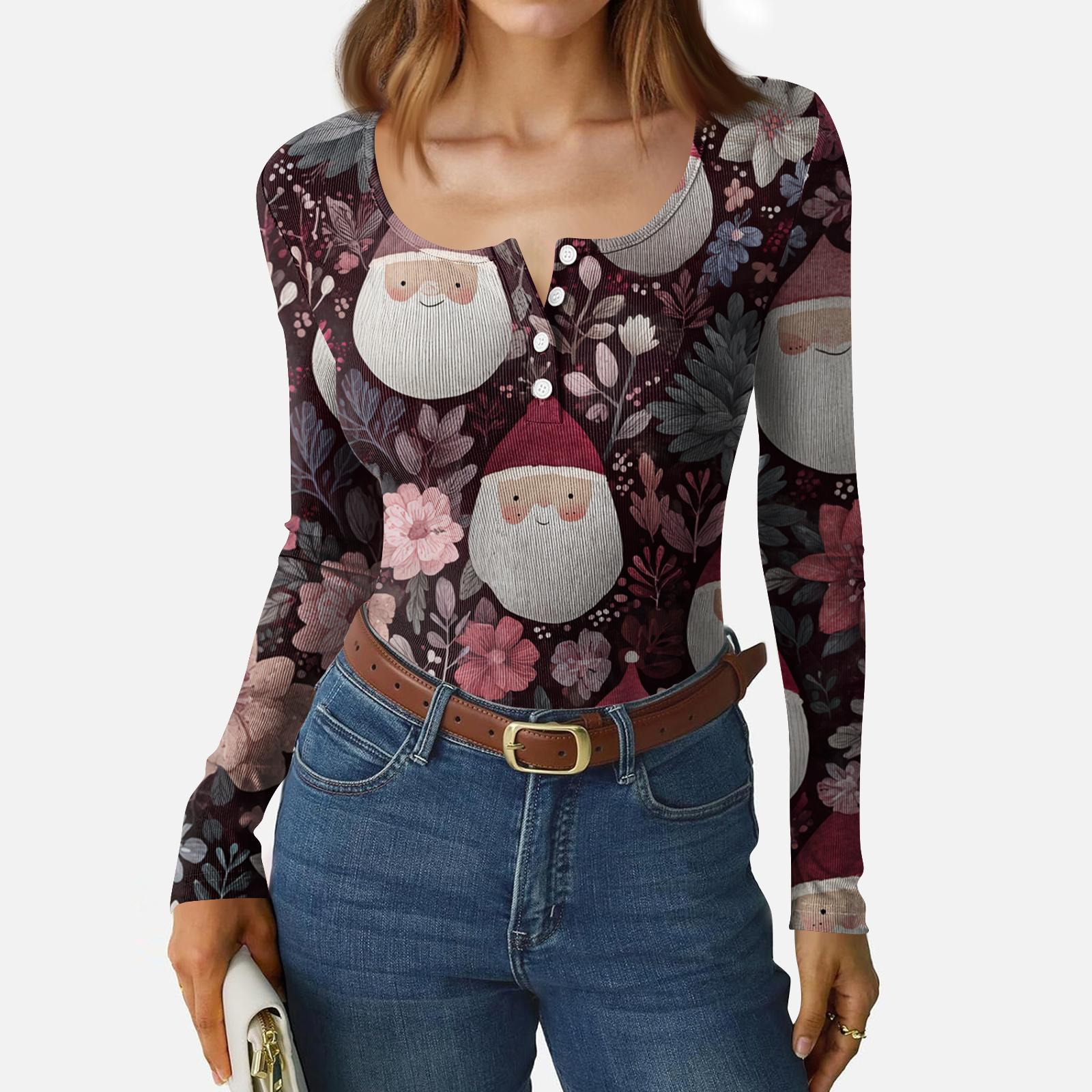 

Women s Casual Fashion Christmas Print Button Long Sleeve Top XXL
