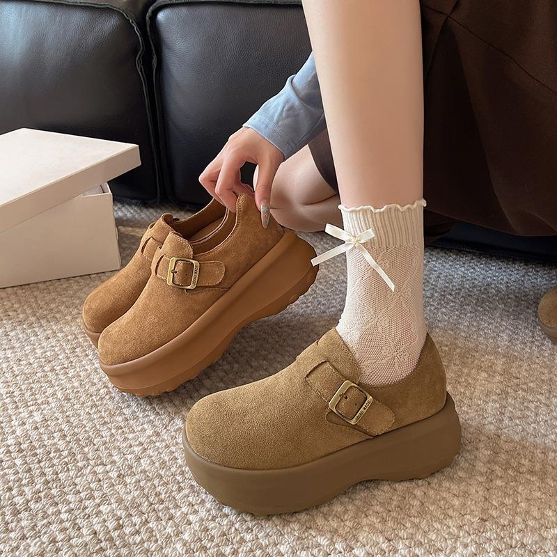 One Buckle Platform Wedge Single Spring and Autumn Round Toe Deep Mouth Bull Suede Non-Slip Low Top Shoes