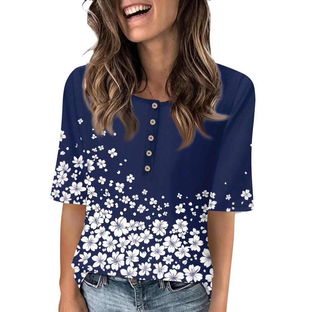 Shirts For Women Trendy Round Neck Button T Shirts Printed  Blouse Half Sleeve Tops For Women