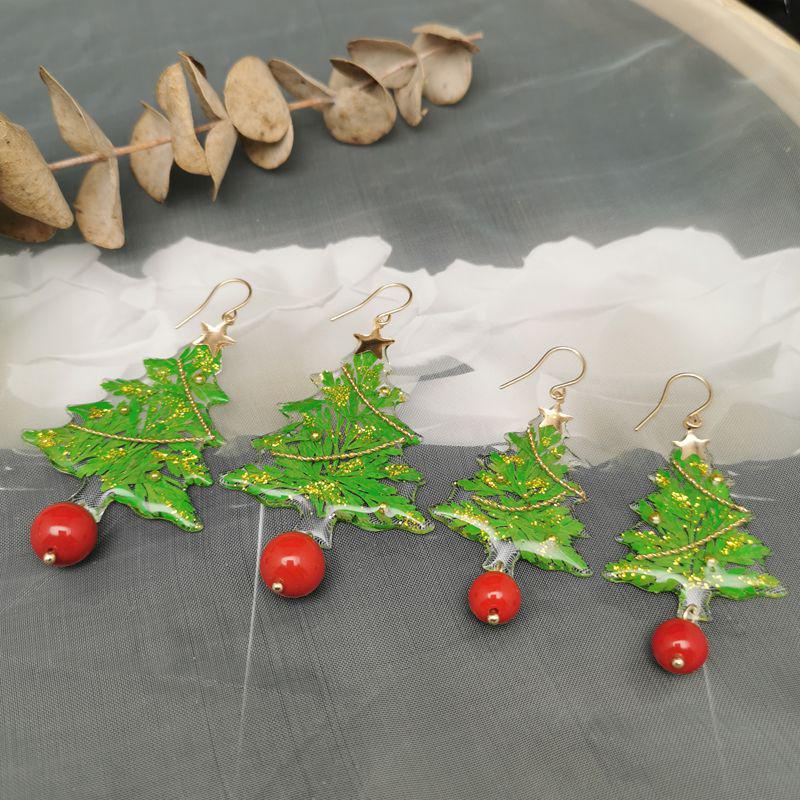 Handmade Epoxy Christmas Tree Earrings - Exquisite Gift for Her, European & American Dangle/Stud Clip-On Design