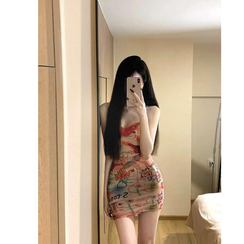 Women Retro Graffiti Floral Print Mesh Mini Dress, Thin Spaghetti Strap V-Neck Slim Bodycon Sheer Mesh Tight Club Party Sundress S