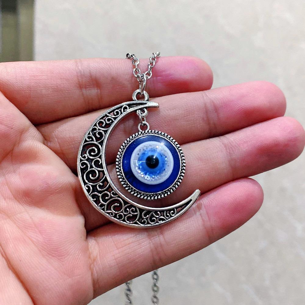 Trendy Personality Turkish Blue Eyes Hollowed-out Pattern Crescent Moon Sun Evil Eye Pendant Necklace for Women Men Jewelry Gift