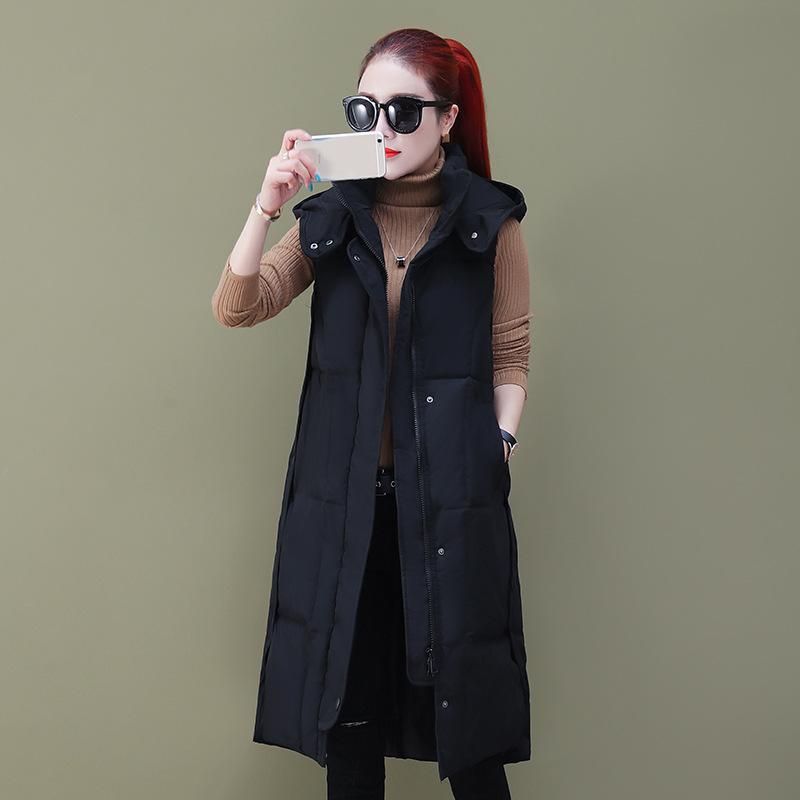 Long Over-the-knee Down Cotton Waistcoat Thick Solid Color Plus Size Vest Hooded Autumn and Winter Sleeveless Jacket Thickened Waistcoat Women