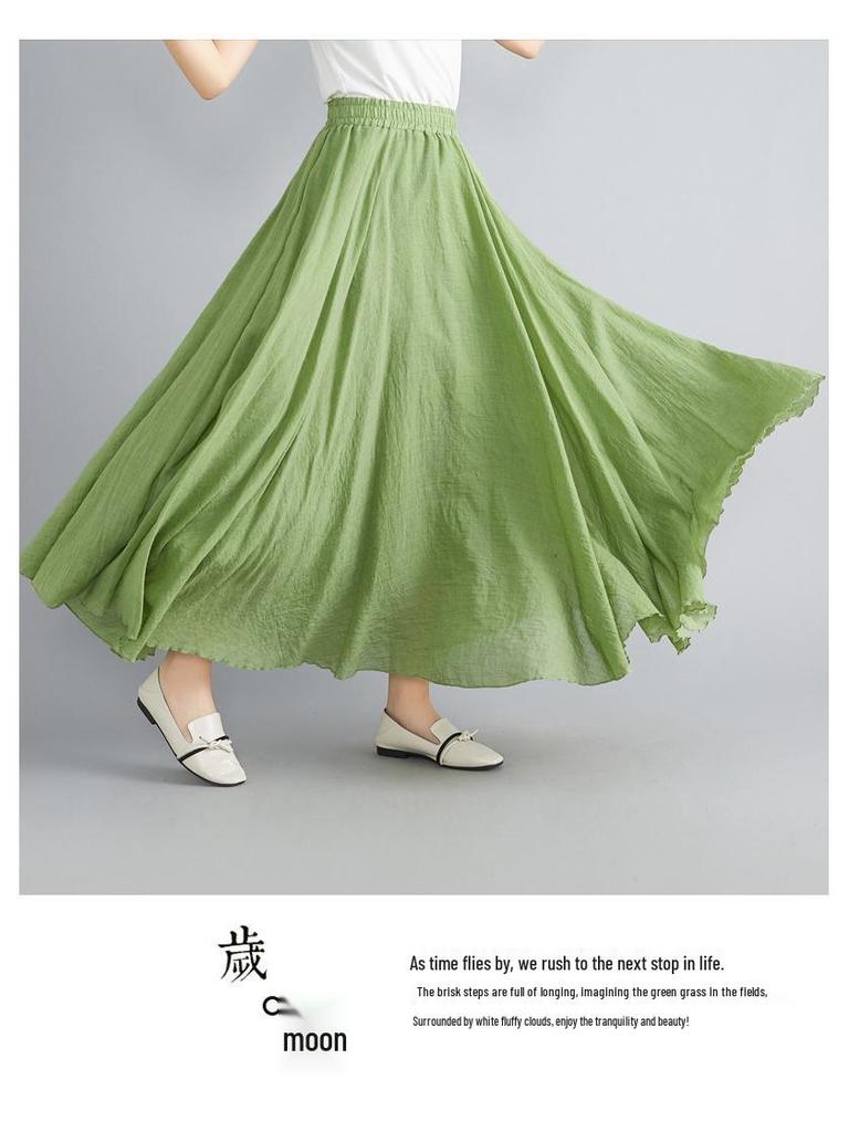 2024 Japan & Korea Loose Cotton-Linen Elastic Waist Midi Skirt – Solid Color A-line Swing Skirt