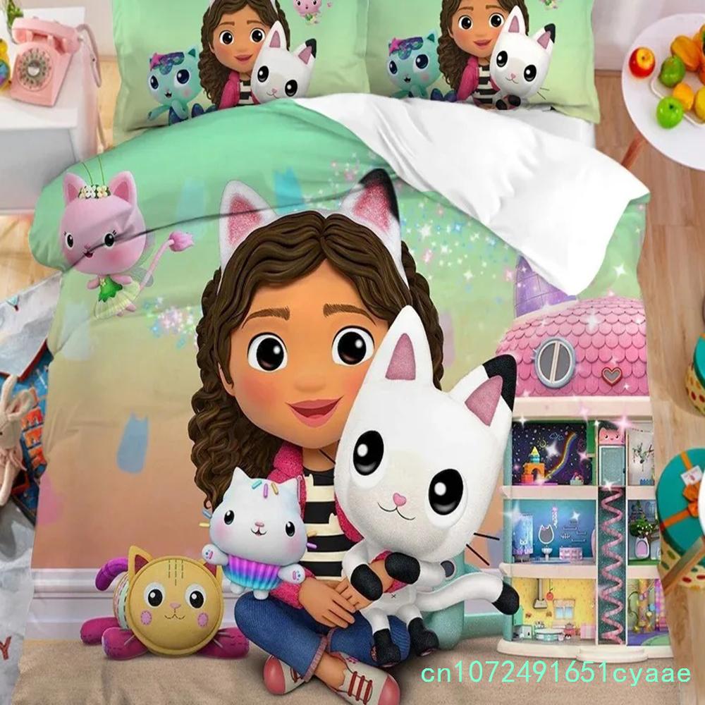 Gabby's Dollhouse Bedding Set,Kawaii Gabby's Dollhouse Duvet Cover Bed Linen Set Single Double Size,Bedclothes Quilt Cover