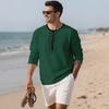 Mens Linen Blend Henley Neck Long Sleeve Casual T Shirt