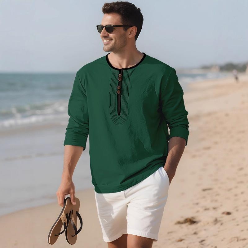 Mens Linen Blend Henley Neck Long Sleeve Casual T Shirt