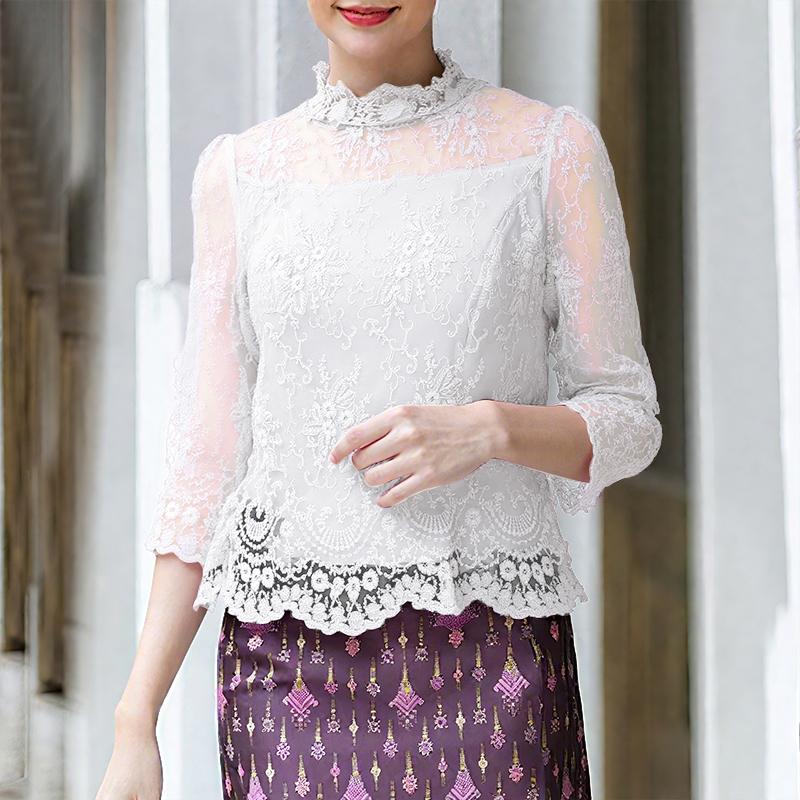 

ZANZEA Womens 3/4 Sleeve Casual See-Through Lace Patchwork Blouse